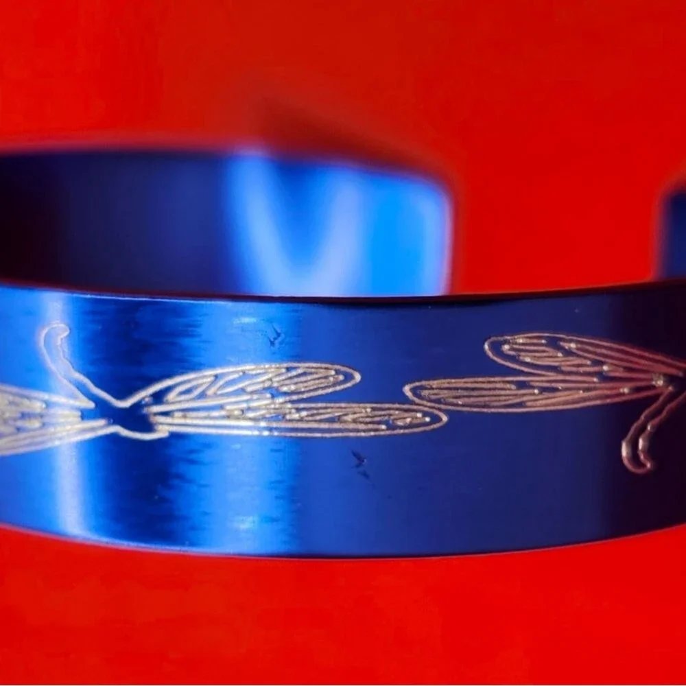 Hand Crafted Engraved Cuff Bracelet Blue Dragonfly